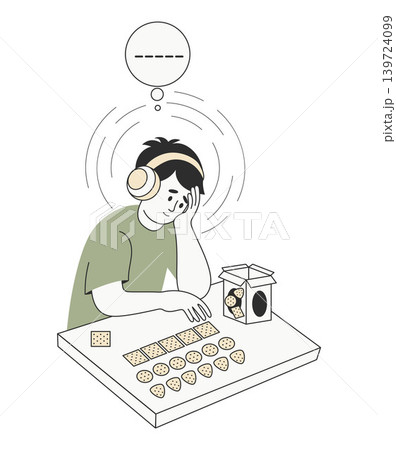 Neurodiversity Concept. Autistic Person in Headphones Sorting Geometric Shapes by Shape and Order. Repetitive Behavior and Focus in Autism Spectrum. Minimalist Vector Illustration. 139724099