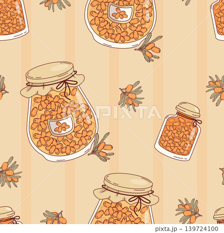 Sea Buckthorn Jam Glass Jars Seamless Pattern. Homemade Berry Preserve on Striped Background with Botanical Branches of Orange Berries. Vector Illustration. Organic Food Packaging Design. Sea Buckthorn Jam Glass Jars Seamless Pattern. Homemade Berry Preserve on Striped Background with Botanical Branches of Orange Berries. Vector Illustration. Organic Food Packaging Design. 139724100