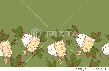 White Currant Eco Tea Bag Seamless Border. Natural Herbal Fruit Infusion with Leaves on Green Background. Botanical Ribbon. Horizontal Vector Illustration. Gourmet Artisan Berry Beverage 139724101