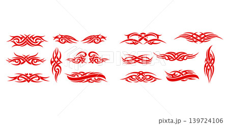 A bold collection of stylized tribal vector elements with aggressive flame like interwoven patterns for powerful branding 139724106