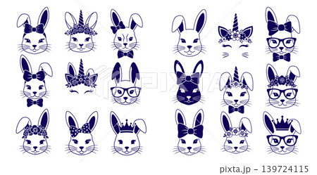 Adorable collection of bunny rabbit heads adorned with bows, flower crowns, glasses, and unicorn horns 139724115