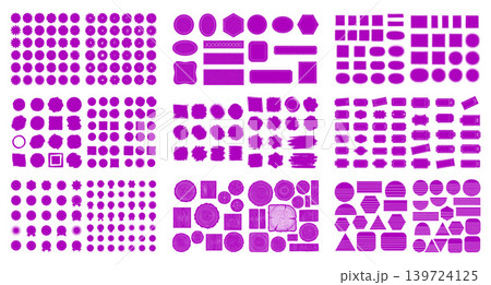 Collection of blank purple tags, badges, and geometric shapes with textured edges for branding and labeling 139724125