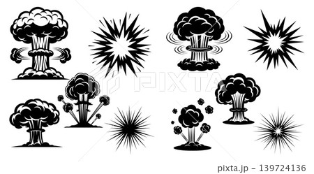 Collection of powerful comic style explosion mushroom clouds and dynamic starburst effects for action designs Collection of powerful comic style explosion mushroom clouds and dynamic starburst effects for action designs 139724136