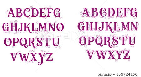Complete uppercase alphabet with decorative swirled accents on each letter, ideal for ornate headings and monograms Complete uppercase alphabet with decorative swirled accents on each letter, ideal for ornate headings and monograms 139724150