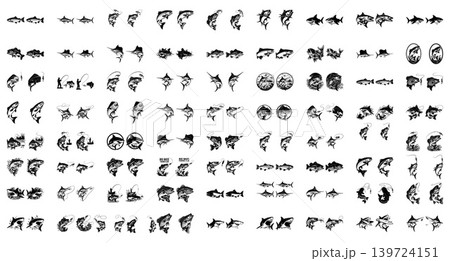 Comprehensive vector set of various fish species and fishing activity silhouettes for outdoor recreation branding Comprehensive vector set of various fish species and fishing activity silhouettes for outdoor recreation branding 139724151