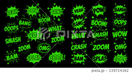 Dynamic collection of comic speech bubbles and sound effects with starburst shapes and radiating lines Dynamic collection of comic speech bubbles and sound effects with starburst shapes and radiating lines 139724162