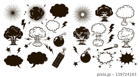 Dynamic comic book style explosion effects including mushroom clouds, starbursts, speech bubbles, and bombs 139724163