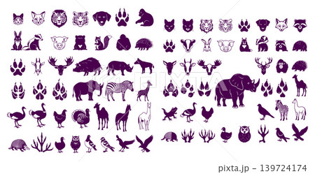 Extensive set of animal vector shapes showcasing distinct creature profiles and characteristic track patterns Extensive set of animal vector shapes showcasing distinct creature profiles and characteristic track patterns 139724174