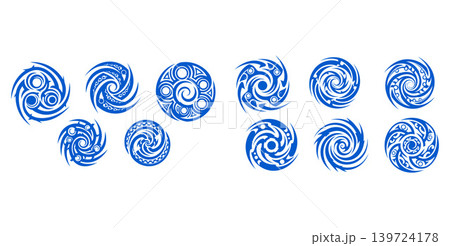 Group of dynamic circular tribal vector designs showcasing spiral patterns and intricate rotational motifs Group of dynamic circular tribal vector designs showcasing spiral patterns and intricate rotational motifs 139724178