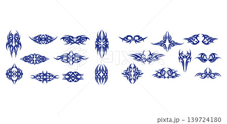 Grouping of intricate tribal vector elements showcasing symmetrical and flowing patterns for graphic applications Grouping of intricate tribal vector elements showcasing symmetrical and flowing patterns for graphic applications 139724180