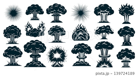 Many different powerful explosion and flame silhouettes appearing as symbolic graphic elements Many different powerful explosion and flame silhouettes appearing as symbolic graphic elements 139724189