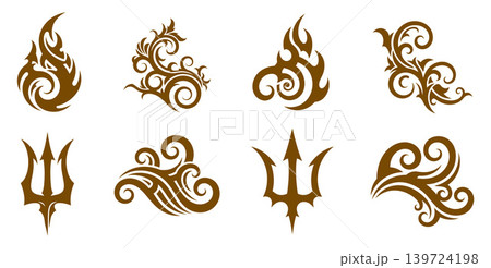 Powerful flame swirl vector elements and mythological trident symbols for energetic branding Powerful flame swirl vector elements and mythological trident symbols for energetic branding 139724198
