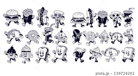 Retro cartoon walking fast food characters and snack items in a vintage monochrome style 139724201