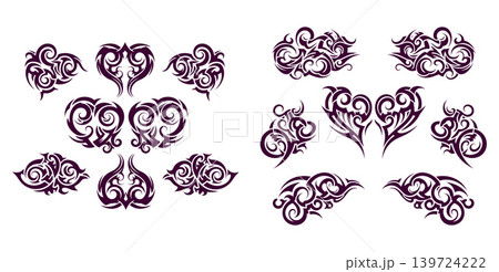 Variety of intricate tribal heart and swirl shapes for decorative design elements Variety of intricate tribal heart and swirl shapes for decorative design elements 139724222