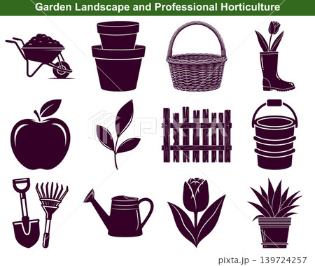 A collection of essential gardening tools and potted plants for landscape design and horticulture projects 139724257