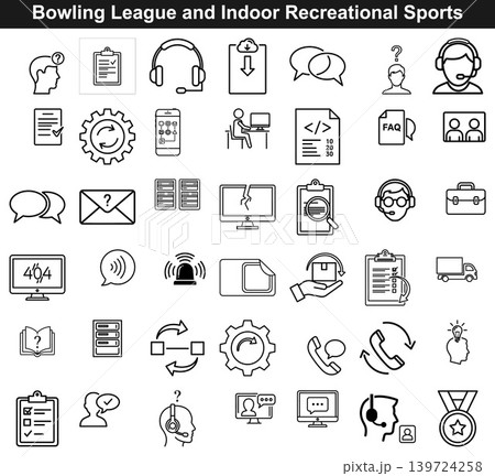 A comprehensive collection of line icons representing customer support services, IT assistance, and digital communication tools A comprehensive collection of line icons representing customer support services, IT assistance, and digital communication tools 139724258