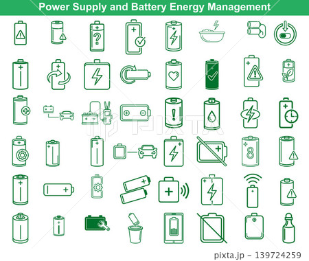 A comprehensive collection of outline icons depicting battery energy management, power supply, and charging indicators 139724259