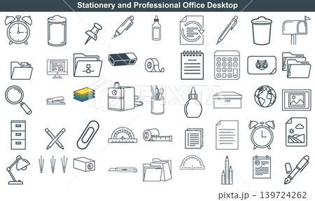 A comprehensive collection of outline icons representing stationery, office supplies, and professional desktop items 139724262