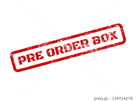 A distressed red rubber stamp impression showing the words pre order box, for online sales campaigns 139724279
