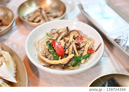 Traditional Korean Glass Noodle Stir Fry Japchae with Vegetables 139724394