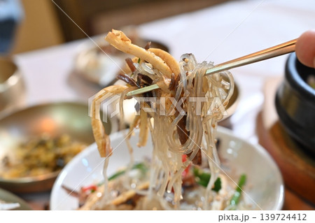 Traditional Korean Glass Noodle Stir Fry Japchae with Vegetables 139724412