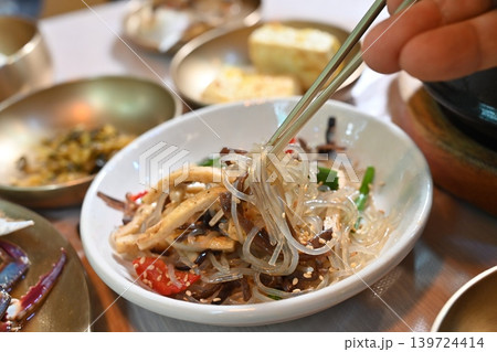 Traditional Korean Glass Noodle Stir Fry Japchae with Vegetables 139724414