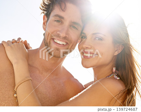 Portrait, happy couple and beach hug in nature with love, trust and support while bonding outdoor. Ocean, face and people embrace at the sea for travel, adventure and summer, vacation or freedom Portrait, happy couple and beach hug in nature with love, trust and support while bonding outdoor. Ocean, face and people embrace at the sea for travel, adventure and summer, vacation or freedom 139724687