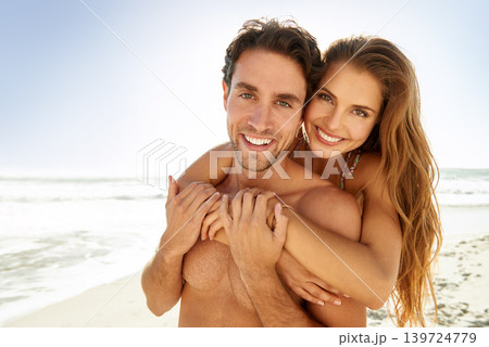 Happy, couple and sea portrait with hug on beach holiday with love, care and support together with a smile. Vacation, travel and ocean with honeymoon, date and outdoor in summer with bonding on trip Happy, couple and sea portrait with hug on beach holiday with love, care and support together with a smile. Vacation, travel and ocean with honeymoon, date and outdoor in summer with bonding on trip 139724779