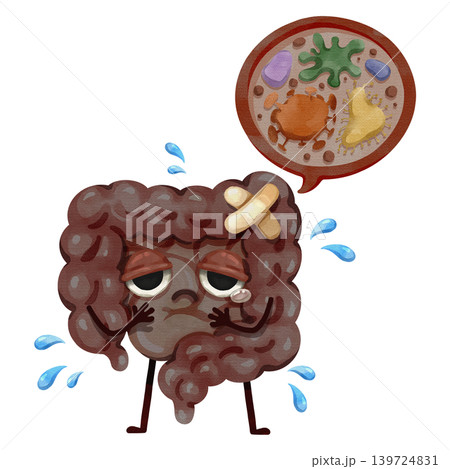 Watercolor intestine character feeling unwell with a magnifying bubble showing bad bacteria. Great for educational content regarding gut dysbiosis, indigestion, and probiotic deficiency. 139724831