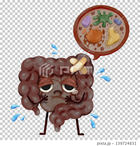 Watercolor intestine character feeling unwell with a magnifying bubble showing bad bacteria. Great for educational content regarding gut dysbiosis, indigestion, and probiotic deficiency. 139724831