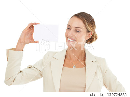Mockup, smile or happy woman with business card for a sale, promotion offer or logo advertising deal. Show, plain bulletin board or entrepreneur with blank signage space in studio on white background 139724883