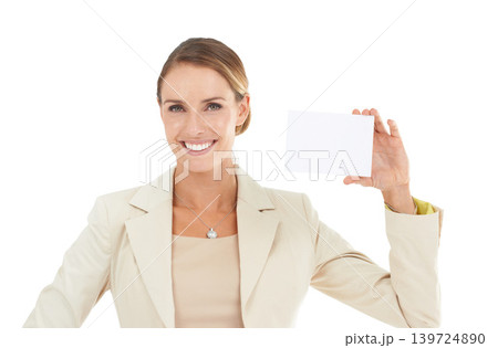 Space, portrait or happy woman with business card for a sale, promotion offer or logo advertising deal. Smile, empty bulletin board or lady with blank signage mockup in studio on white background Space, portrait or happy woman with business card for a sale, promotion offer or logo advertising deal. Smile, empty bulletin board or lady with blank signage mockup in studio on white background 139724890
