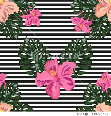 Seamless exotic pattern with tropical leaves and flowers on a white background. Hibiscus, palm Seamless exotic pattern with tropical leaves and flowers on a white background. Hibiscus, palm 139725375