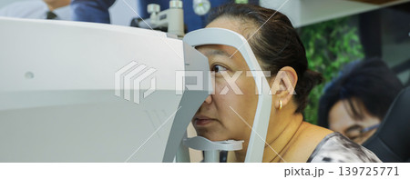 Phoropter for eye test, lenses glasses for eye check in optical store.  139725771