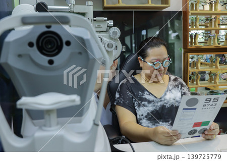 Phoropter for eye test, lenses glasses for eye check in optical store. Phoropter for eye test, lenses glasses for eye check in optical store. 139725779
