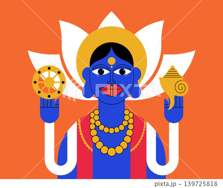 Hindu god Vishnu. Vishnu Deity with Lotus, Chakra, and Conch Shell. Abstract illustration. 139725818