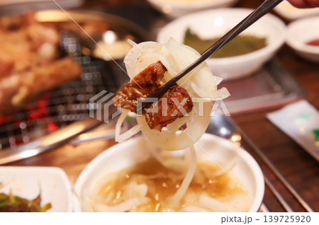 Delicious Traditional Korean Marinated Pork Ribs Barbecue Grilling Delicious Traditional Korean Marinated Pork Ribs Barbecue Grilling 139725920