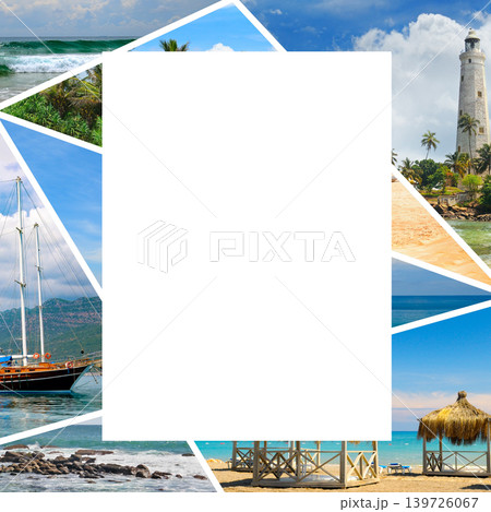 Summer travel photo mosaic featuring a lighthouse, yacht, and beach. Summer travel photo mosaic featuring a lighthouse, yacht, and beach. 139726067