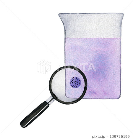 Medicine flask with liquid and viruses and magnifying glass. Watercolor illustration isolated on white background for design, medical articles Medicine flask with liquid and viruses and magnifying glass. Watercolor illustration isolated on white background for design, medical articles 139726199