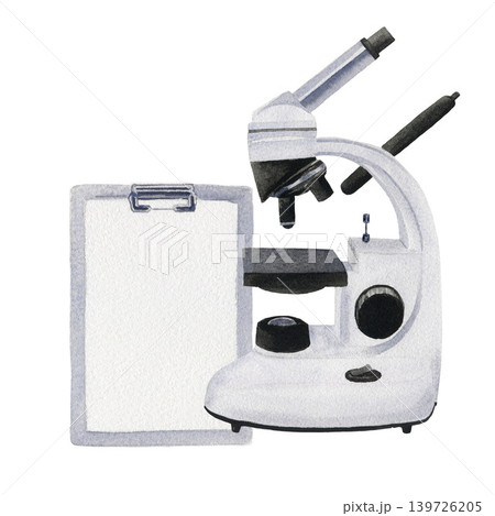 Watercolor microscope and clipboard. Hand drawn illustration isolated on white background for design, logos, cards, business, medical articles Watercolor microscope and clipboard. Hand drawn illustration isolated on white background for design, logos, cards, business, medical articles 139726205