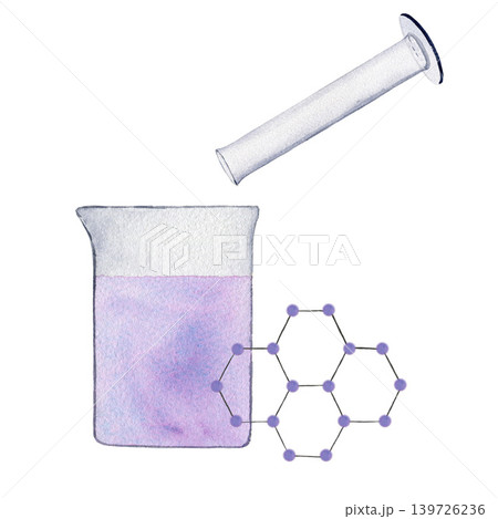 Medicine flasks with liquid and crystal cell. Watercolor illustration isolated on white background for design, logos, business, medical articles Medicine flasks with liquid and crystal cell. Watercolor illustration isolated on white background for design, logos, business, medical articles 139726236