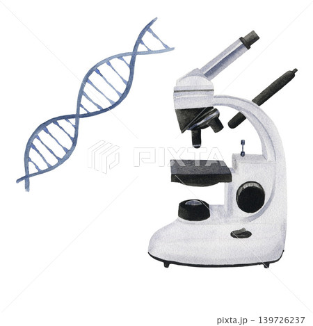 Watercolor microscope with DNA gene. Hand drawn illustration isolated on white background for design, logos, business, medical articles, textbooks 139726237