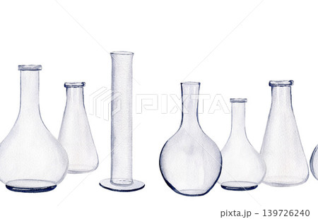 Seamless border with medicine flasks and beakers. Watercolor illustration isolated on white background for design, cards, business, medical articles Seamless border with medicine flasks and beakers. Watercolor illustration isolated on white background for design, cards, business, medical articles 139726240