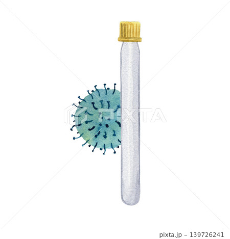 Test tube with yellow cap and virus. Hand drawn illustration isolated on white background for design, logos, business, medical articles, packaging Test tube with yellow cap and virus. Hand drawn illustration isolated on white background for design, logos, business, medical articles, packaging 139726241