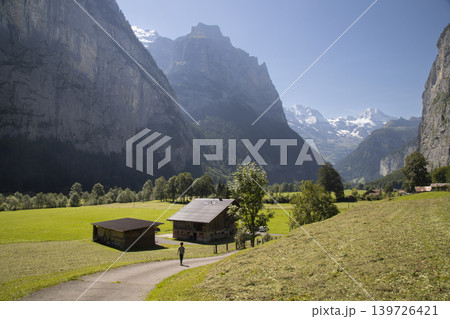 Lauterbrunnen valley landscape with traditional swiss chalets Lauterbrunnen valley landscape with traditional swiss chalets 139726421