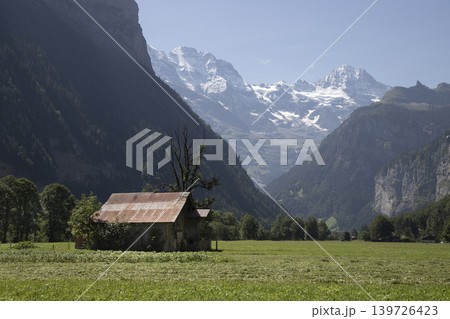 Barn in lauterbrunnen valley with snowy alps background Barn in lauterbrunnen valley with snowy alps background 139726423
