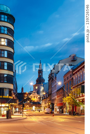 Jernbanetorget traffic trails at dusk in Oslo Jernbanetorget traffic trails at dusk in Oslo 139726546