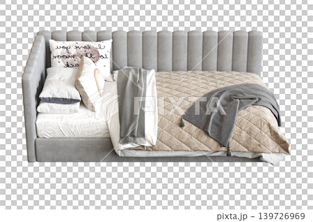 double bed isolated on a transparent background, furniture for the bedroom interior, 3D illustration, cg render 139726969