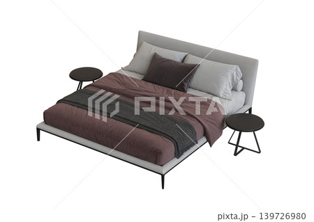 double bed isolated on a transparent background, furniture for the bedroom interior, 3D illustration, cg render 139726980