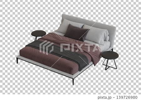 double bed isolated on a transparent background, furniture for the bedroom interior, 3D illustration, cg render 139726980